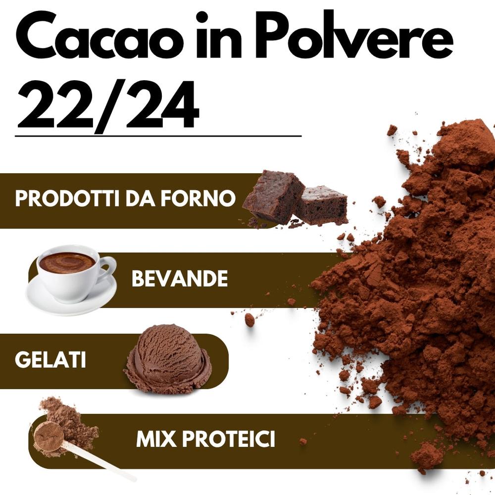 Cacao in polvere SaporePuro, 22-24% di materia grassa, origine Olanda, gusto deciso e sapore intenso, visibile in confezione.