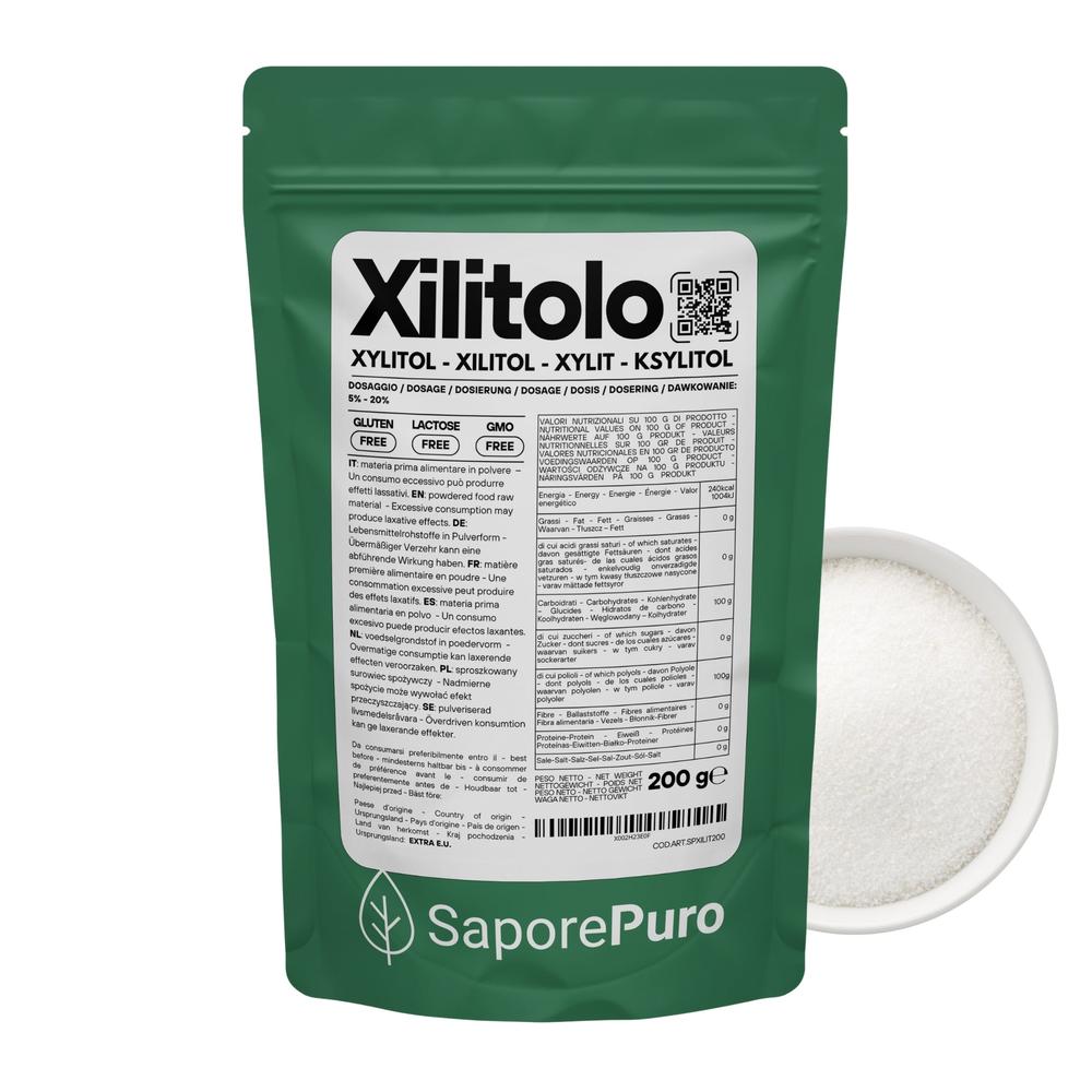Zucchero naturale Xilitolo SaporePuro, dolcificante a basso contenuto calorico con origine extra U.E. in confezione da immagini.