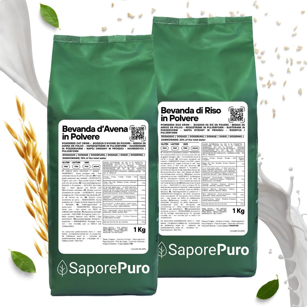 Bevanda di avena in polvere SaporePuro, prodotto vegetale a base di avena, ideale per preparare bevande vegetali naturali.
