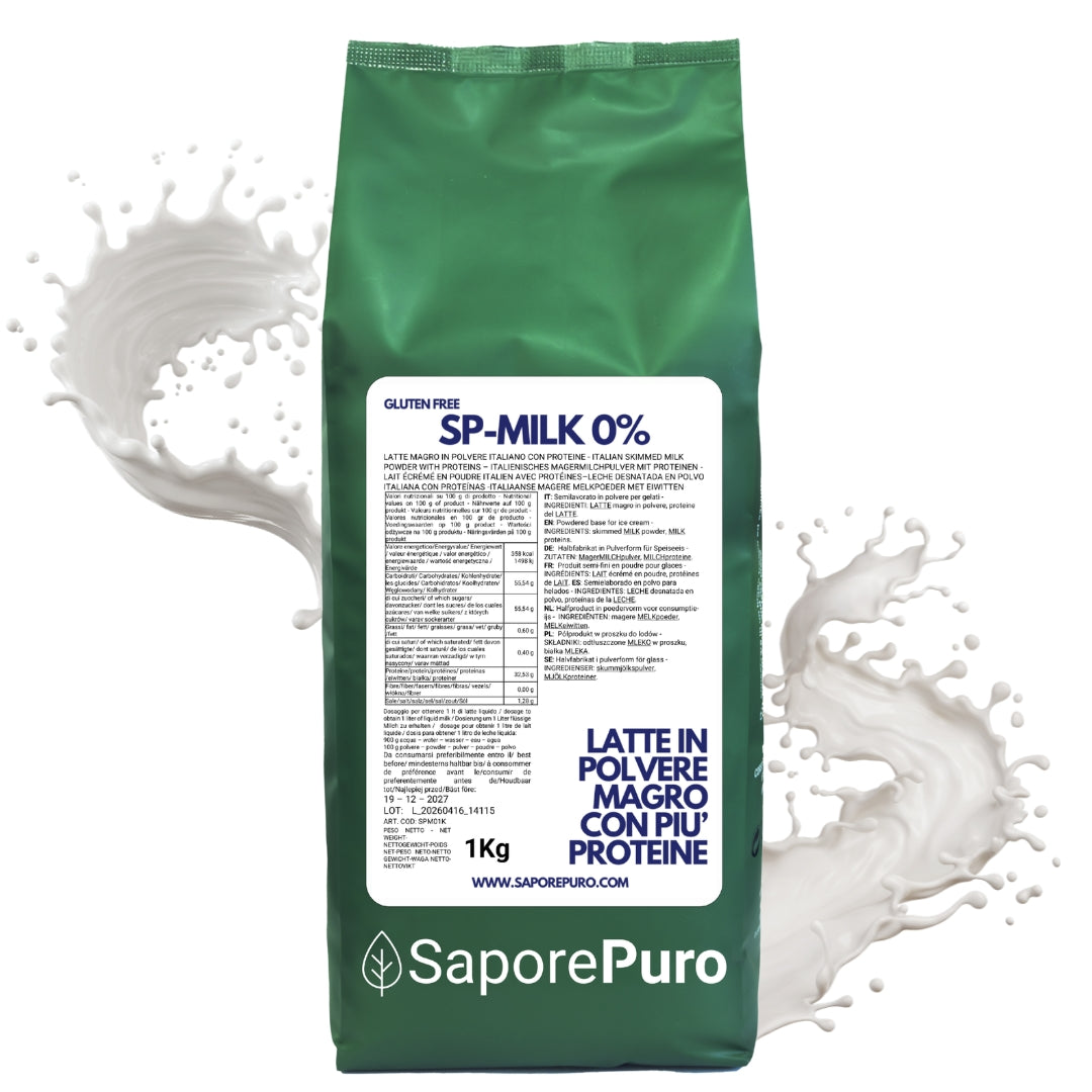Latte magro in polvere SaporePuro, ricco di proteine, ideale per gelati, pasticceria e usi culinari, confezione da polvere bianca