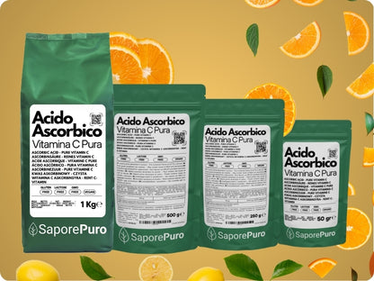 Vitamina C pura Acido Ascorbico di SaporePuro, in polvere, confezionata in Italia, ideale per ricette e integratori naturali.