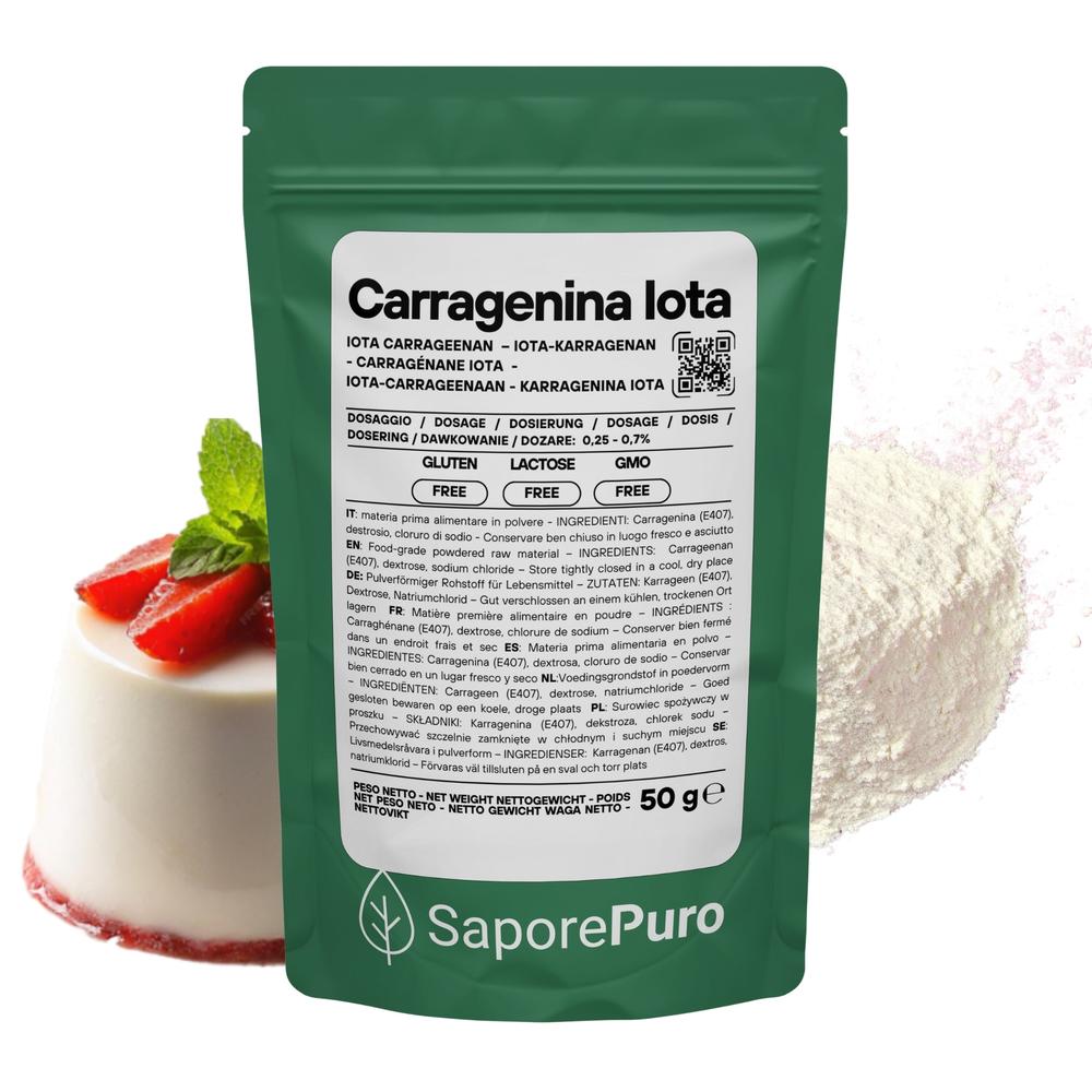 Carragenina Iota E407, gelificante elastico in emulsione, confezionata in contenitore con etichetta SaporePuro.