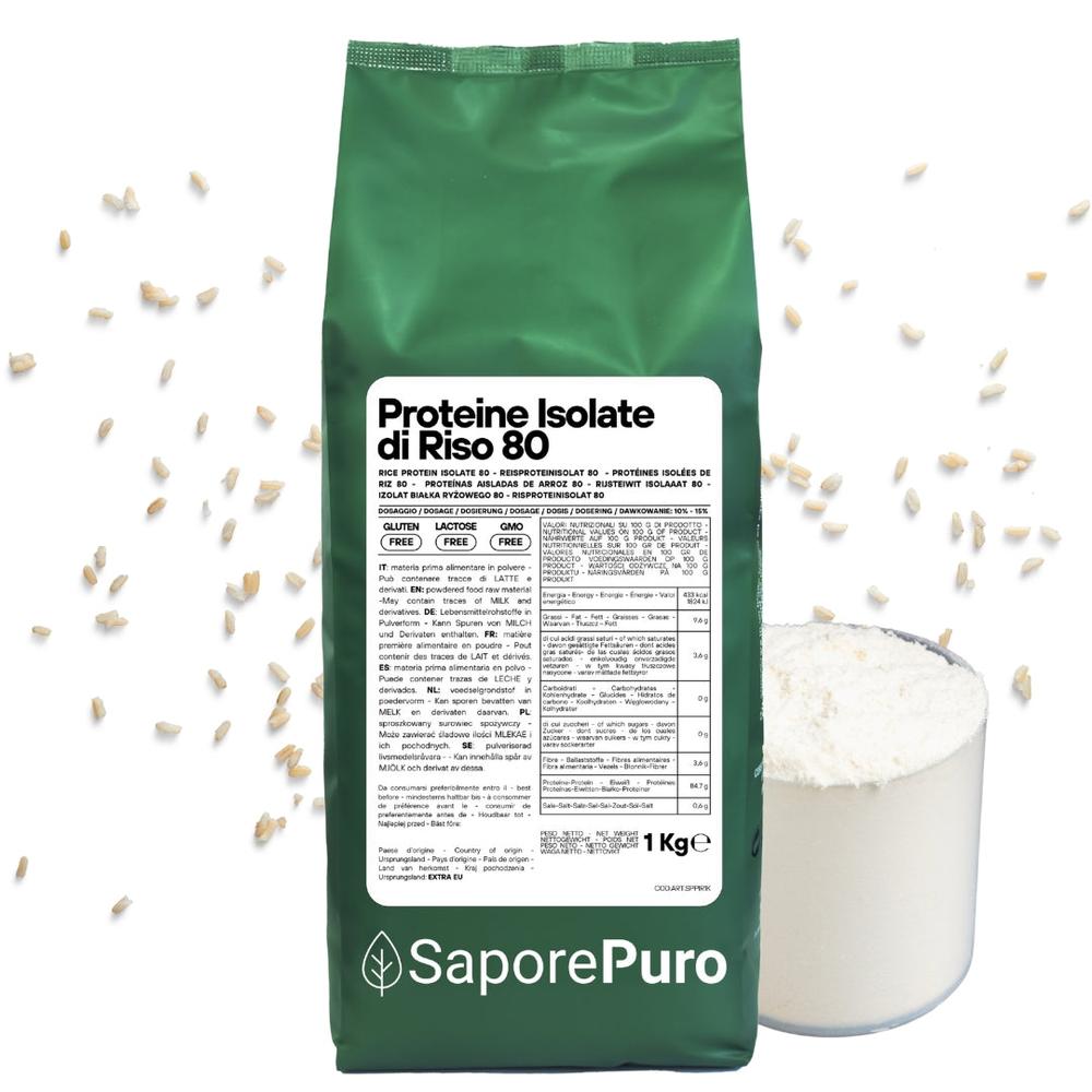 Polvere di proteine isolate di riso SaporePuro, confezione da 80g, vista in primo piano su sfondo neutro.