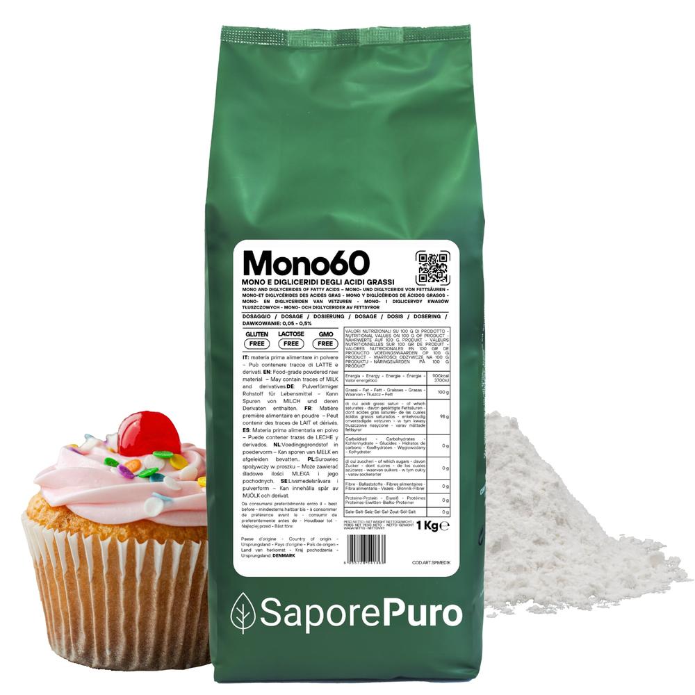 Emulsionante Mono60 E471 di SaporePuro, additivo alimentare per gelati, pasticceria e panificazione, in confezione da cucina.