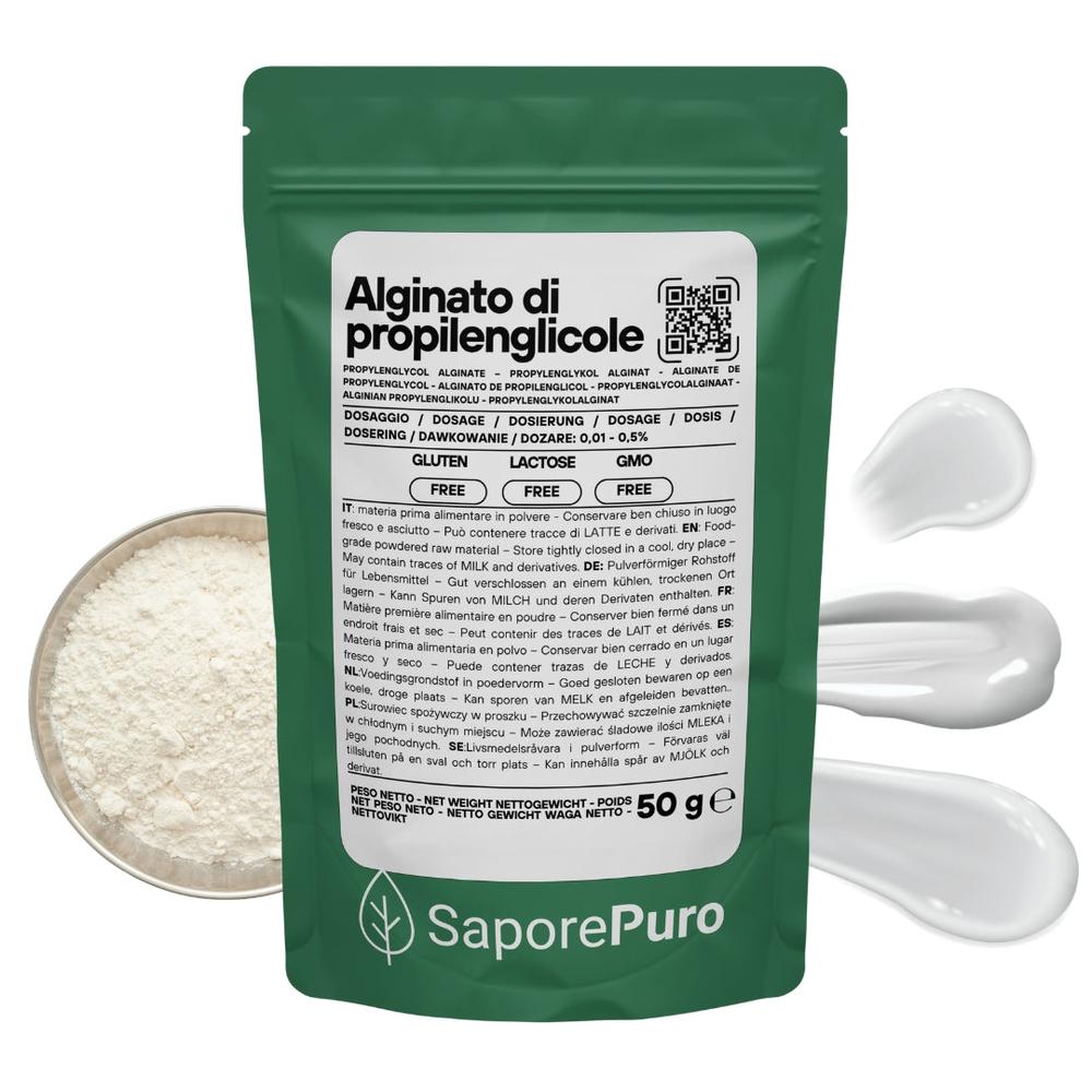 Alginate di propilenglicole SaporePuro, ingrediente per cucina e forno, in confezione da 50 grammi, visibile nella foto.