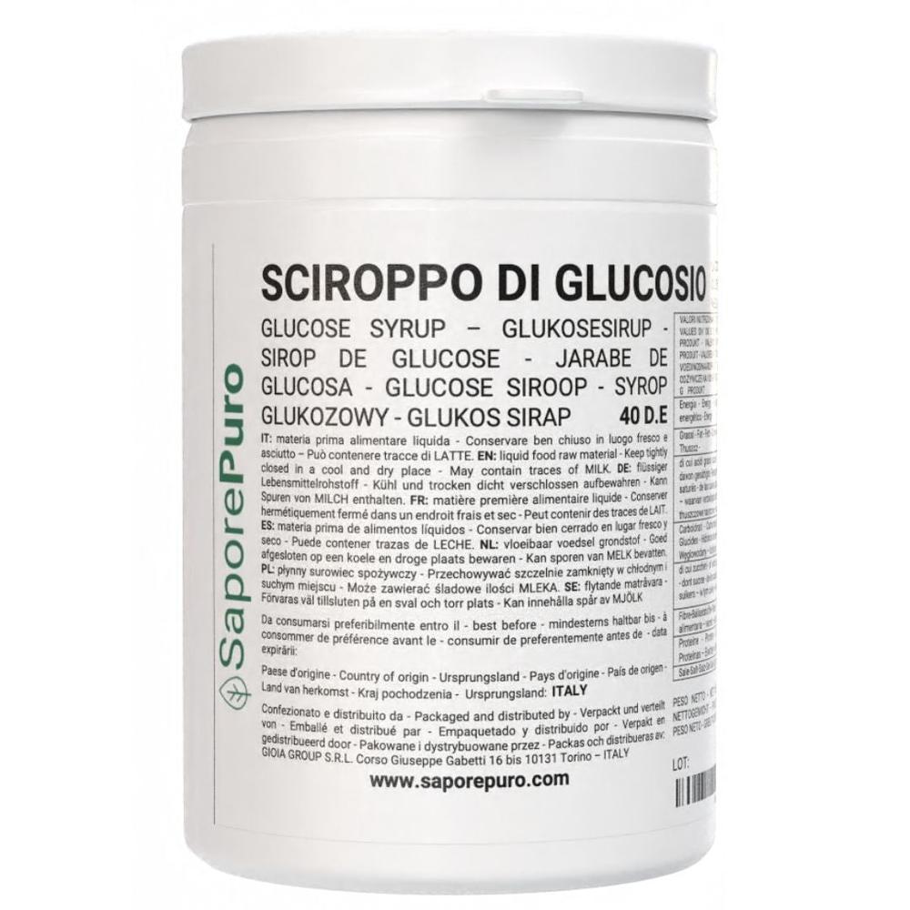 Sciroppo di glucosio liquido 40DE di SaporePuro, ingrediente dolce per gelati e pasticceria, bottiglia trasparente con etichetta.