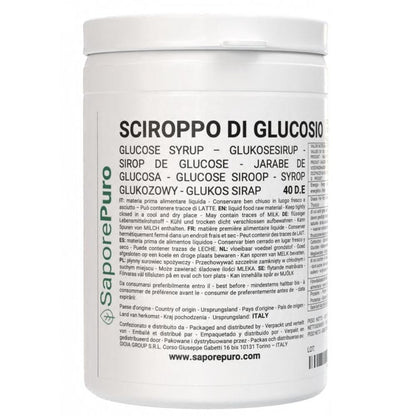 Sciroppo di glucosio liquido 40DE di SaporePuro, ingrediente dolce per gelati e pasticceria, bottiglia trasparente con etichetta.