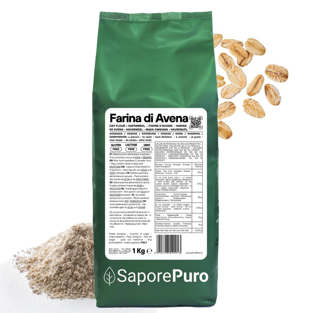 Farina di avena senza glutine SaporePuro in confezione da 1kg, dettaglio del sacchetto di farina di avena naturale