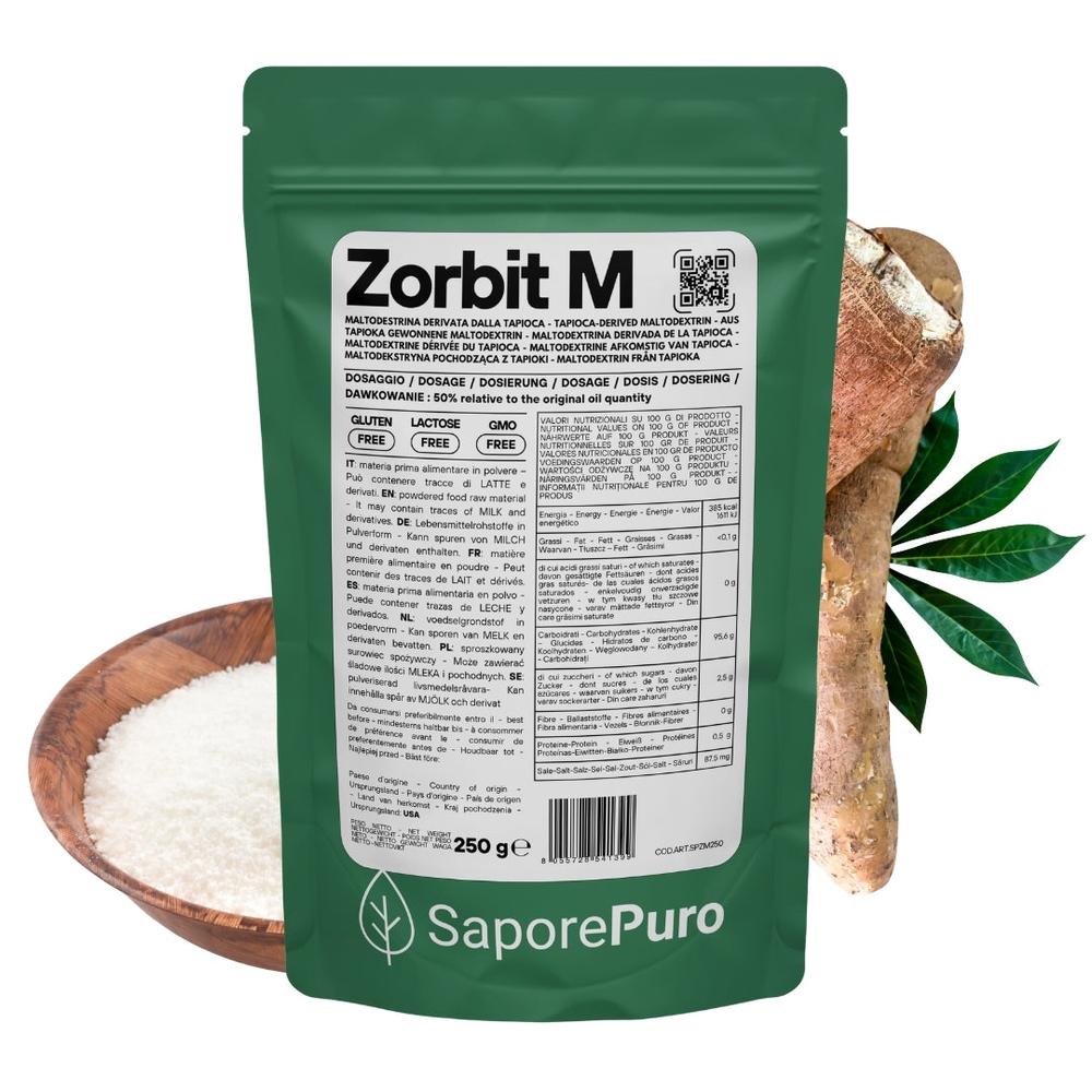 Amido modificato di tapioca Zorbit M di SaporePuro, maltodestrina derivata dalla tapioca, in confezione bianca e etichetta.
