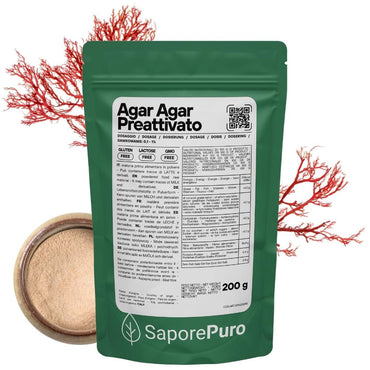 Agar agar preattivato SaporePuro, origine Italia, in confezione, ideale per applicazioni lattiero-casearie, prodotto di alta qualità.