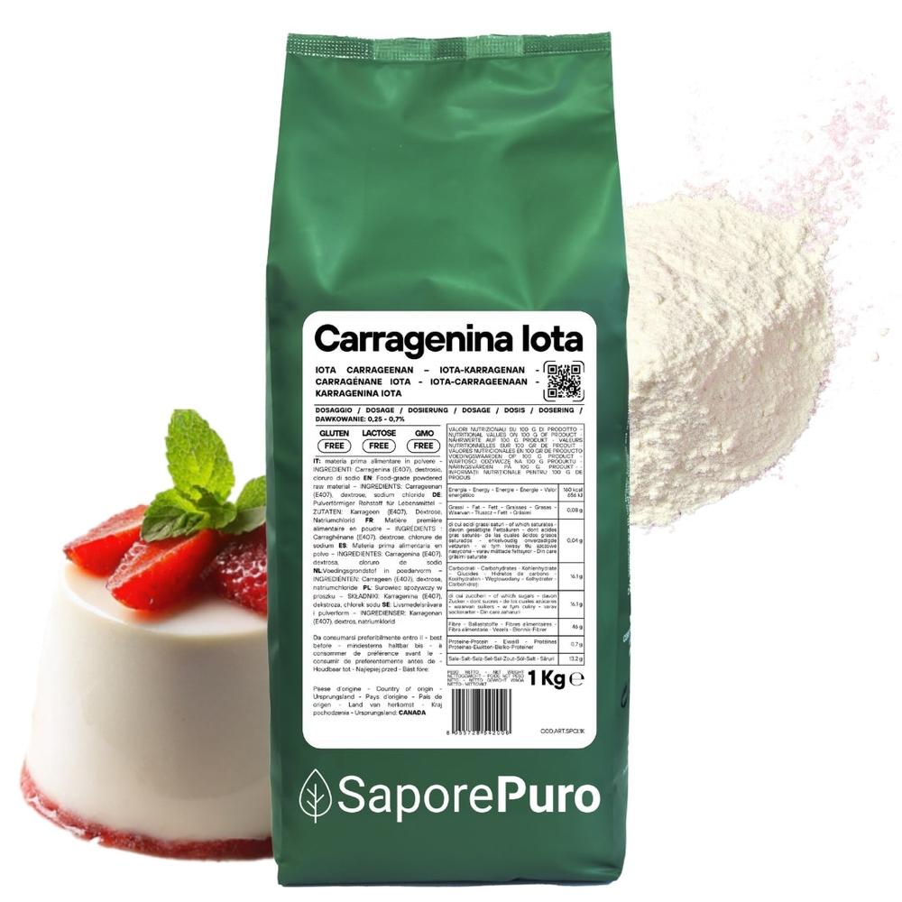 Carragenina Iota E407, gelificante elastico e emulsionante, in confezione con polvere bianca fine, marca SaporePuro.