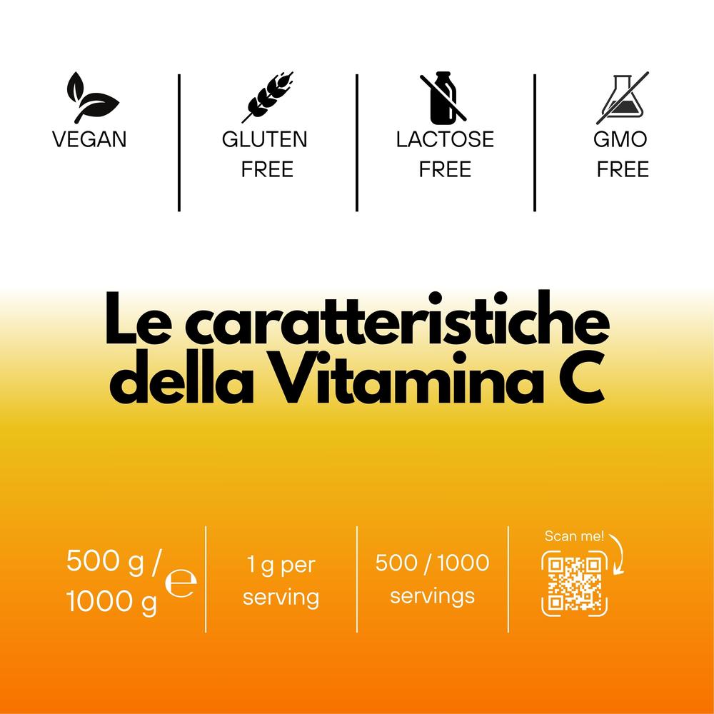 Bustina di vitamina C SaporePuro con polvere di acido ascorbico puro, integratore alimentare ricco di vitamina C naturale.