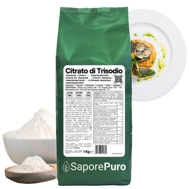 Citrato di Trisodio E331iii, regolatore di acidità alimentare, in confezione da SaporePuro, emulsionante per prodotti alimentari.