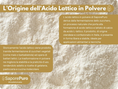 Additivo alimentare Acido Lattico in polvere SaporePuro, confezione con polvere bianca per uso alimentare, dettaglio del prodotto.