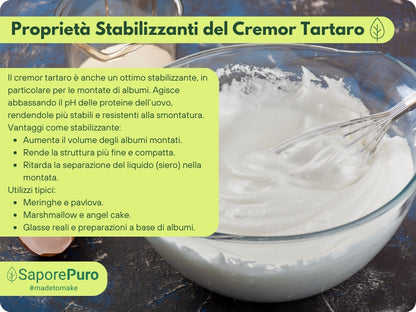 Polvere di lievito Cremor Tartaro E336i di SaporePuro, agente lievitante e stabilizzante per dolci e prodotti da forno