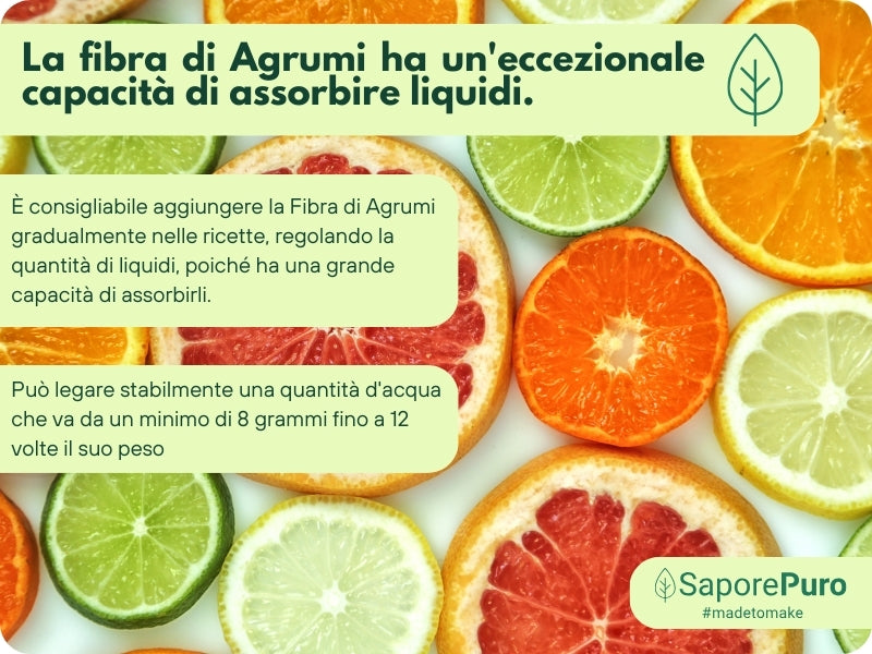 Fibra di Agrumi SaporePuro, addensante clean label per gelato senza E, mostra bustina di fibra con agrumi freschi in sfondo.