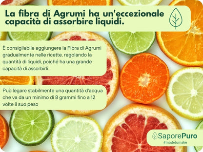 Fibra di Agrumi SaporePuro, addensante clean label per gelato senza E, mostra bustina di fibra con agrumi freschi in sfondo.