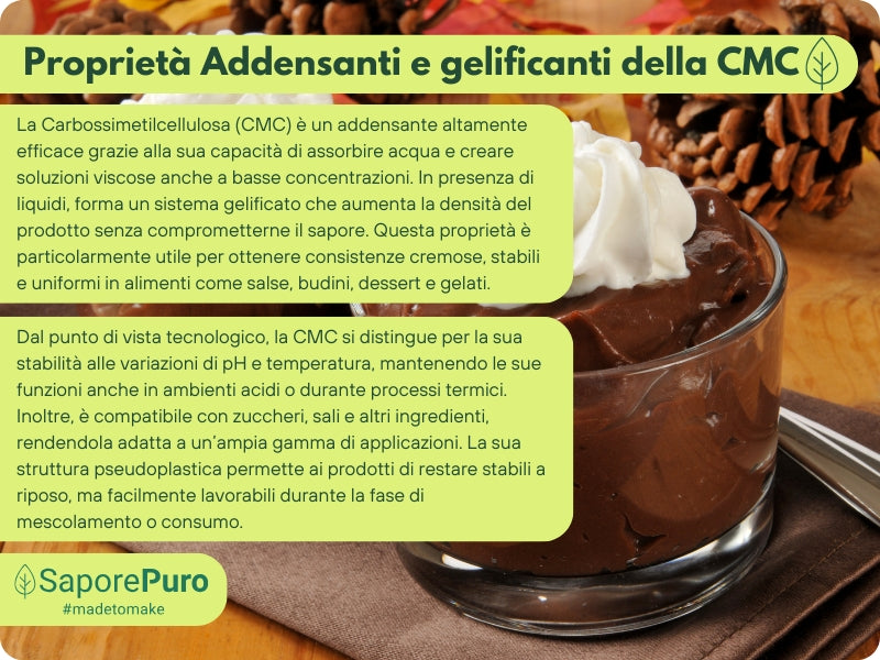 Polvere di Carbossimetilcellulosa (CMC) E466 di SaporePuro, visibile in un contenitore con etichetta bianca e dettagli verdi