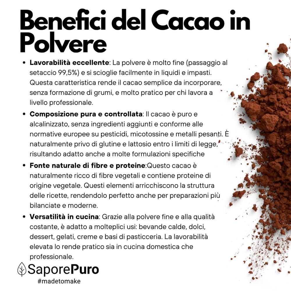 Cacao in polvere SaporePuro 22-24% di materia grassa, origine Olanda, gusto deciso e sapore intenso, immagine del prodotto in sacchetto