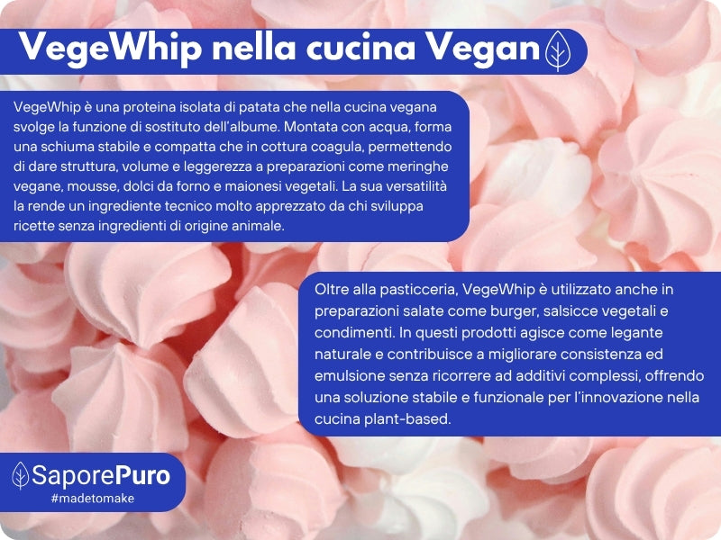 Proteine isolate di patata vegane VegeWhip di SaporePuro, polvere bianca per dolci e prodotti vegani, vista in confezione.