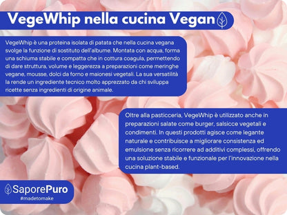 Proteine isolate di patata vegane VegeWhip di SaporePuro, polvere bianca per dolci e prodotti vegani, vista in confezione.