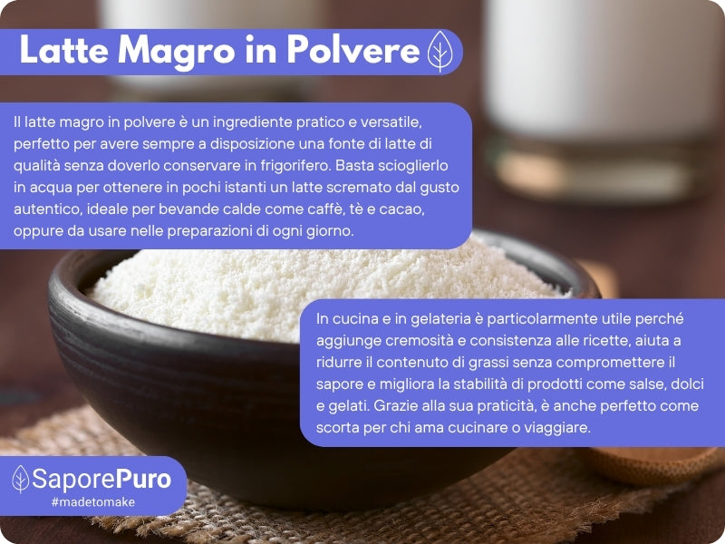 Latte magro in polvere SaporePuro, confezione da 1kg, origine UE, disponibile in un contenitore bianco con etichetta.