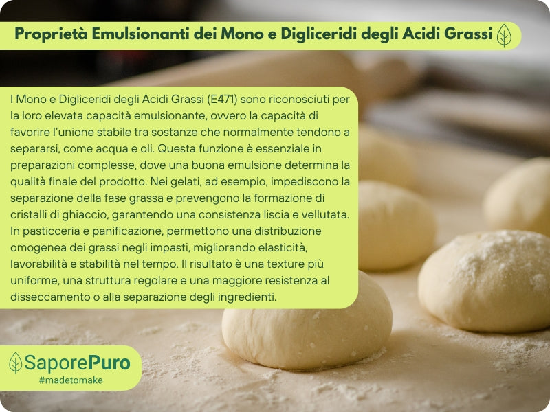Emulsione mono60 E471 di SaporePuro, additivo alimentare di alta qualità per gelati, pasticceria e panificazione.