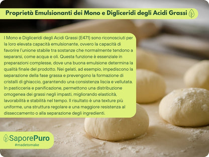 Emulsione mono60 E471 di SaporePuro, additivo alimentare di alta qualità per gelati, pasticceria e panificazione.