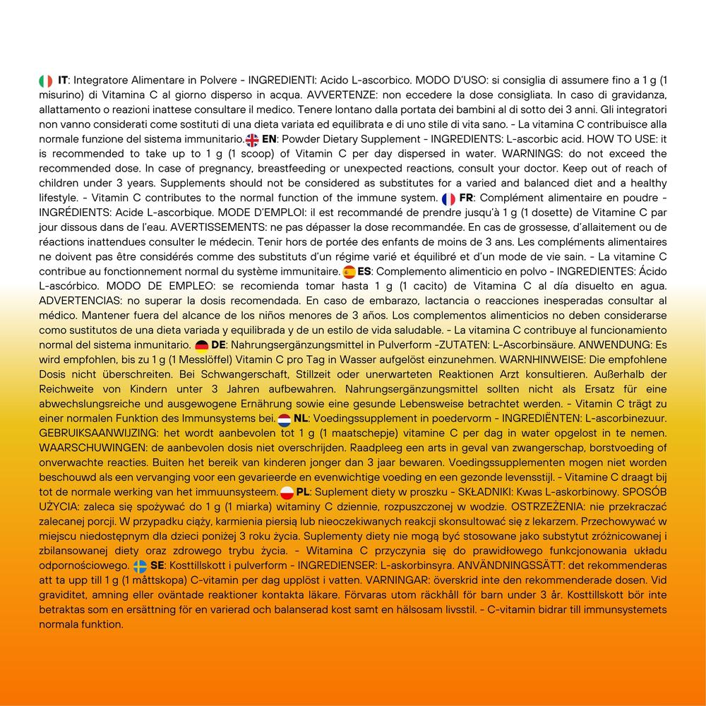 Vitamina C SaporePuro, acido ascorbico puro in polvere, integratore alimentare per il supporto immunitario.