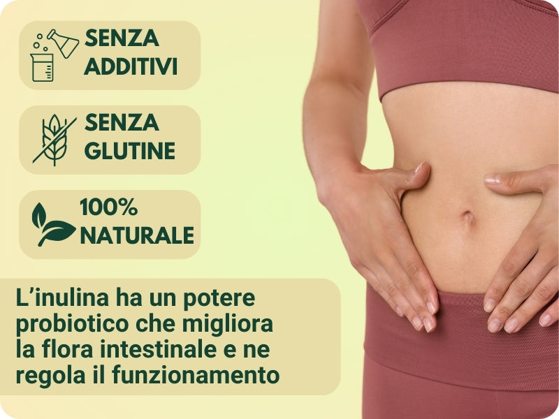 Inulina a catena lunga in polvere di SaporePuro, origine Europa, visibile con confezione e polvere bianca fine.