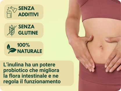 Inulina a catena lunga in polvere di SaporePuro, origine Europa, visibile con confezione e polvere bianca fine.