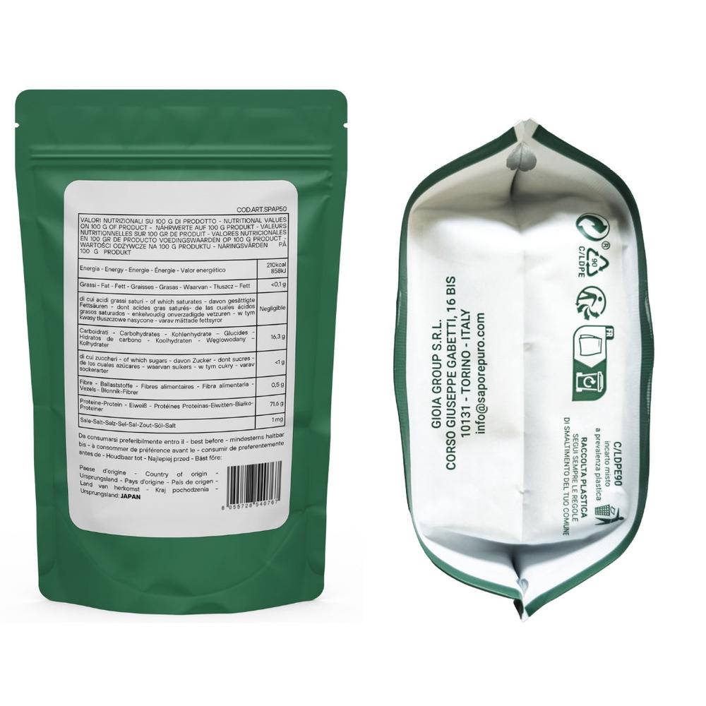 Alginate di propilenglicole SaporePuro, ingrediente per cucina e forno, in confezione da 50 grammi, visibile in immagine.