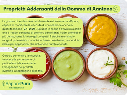 Gomma di xantano SaporePuro E415 in confezione italiana, ideale per addensare e stabilizzare alimenti e preparazioni culinarie.