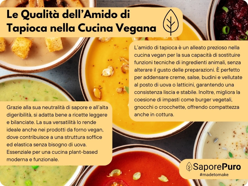 Amido di tapioca nativo SaporePuro in polvere, perfetto per ricette dolci e salate, contenuto visibile in confezione.