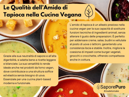 Amido di tapioca nativo SaporePuro in polvere, perfetto per ricette dolci e salate, contenuto visibile in confezione.