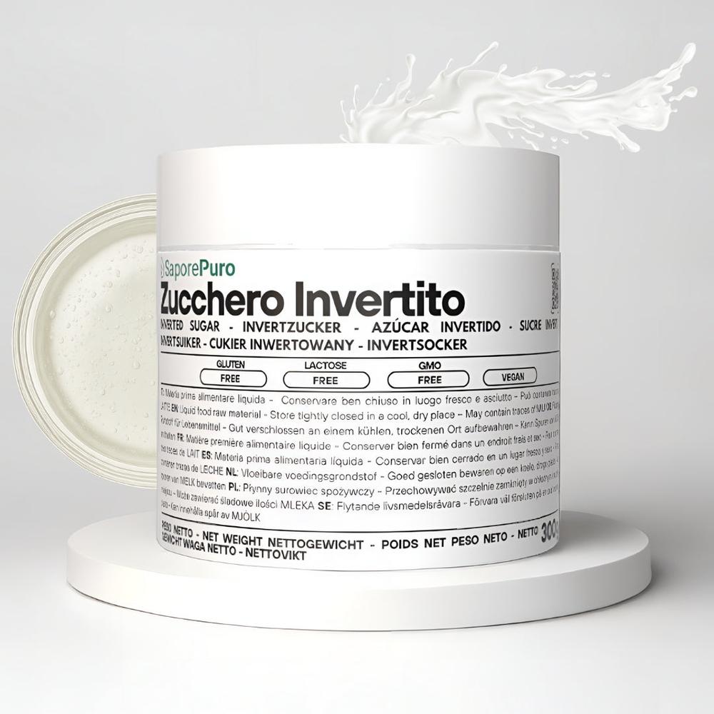 Zucchero invertito SaporePuro, dolcificante naturale per pasticceria e gelateria, in bottiglia trasparente con etichetta.