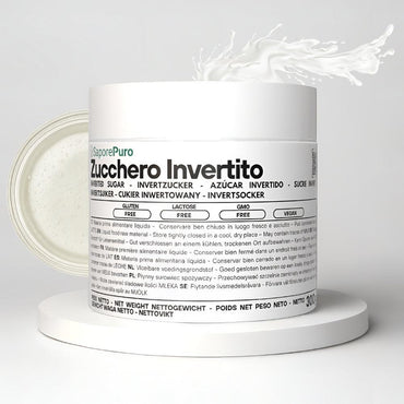 Zucchero invertito SaporePuro, dolcificante naturale per pasticceria e gelateria, in bottiglia trasparente con etichetta.
