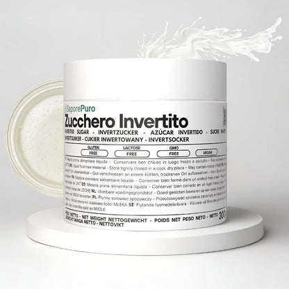 Zucchero invertito SaporePuro, dolcificante naturale per pasticceria e gelateria, in bottiglia trasparente con etichetta.