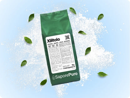 Dolcificante naturale Xilitolo SaporePuro, zucchero a basso contenuto calorico, origine Extra EU, in confezione.