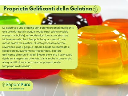 Gelatina istantanea SaporePuro, 200-220 Bloom, ingrediente per cucina e forno, in confezione con sfondo bianco.
