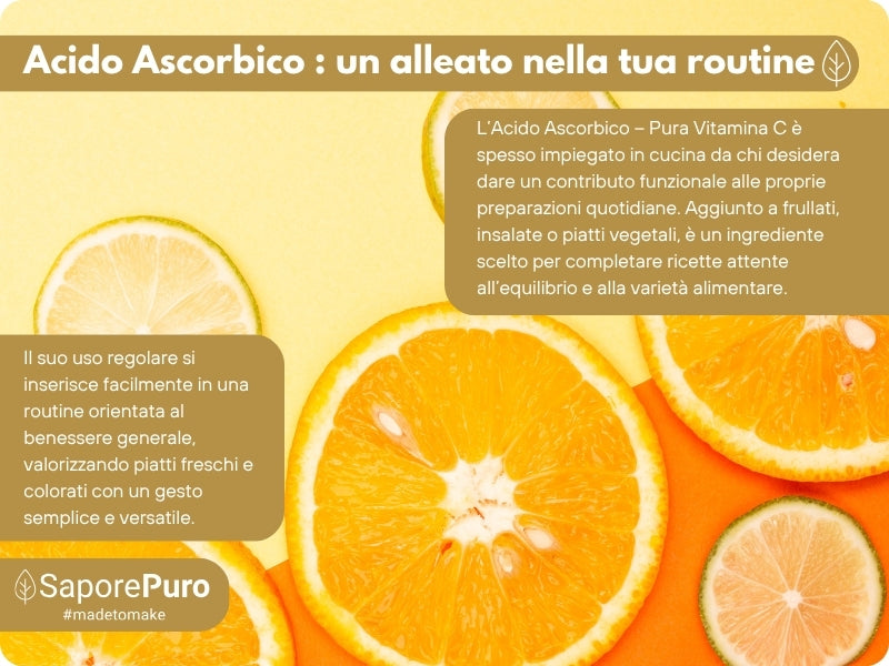 Vitamina C pura SaporePuro in polvere, acido ascorbico, confezionata in Italia, ingrediente essenziale per ricette e integrazione.