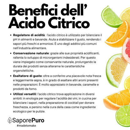 Additivo alimentare acido citrico SaporePuro per cocktail, vino, pulizie e enologia, in confezione da laboratorio.
