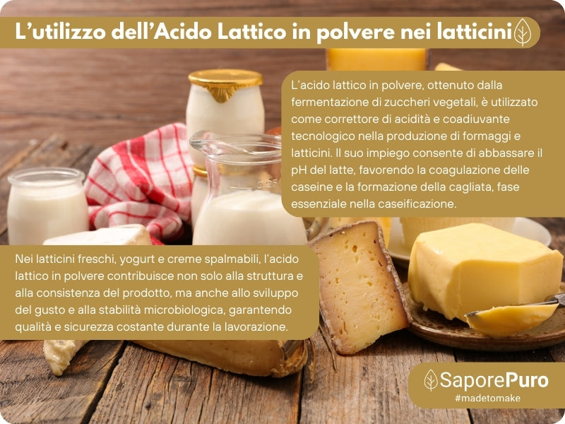 Additivo alimentare Acido Lattico in Polvere SaporePuro, confezione con polvere bianca fine, usato in cucina e conservazione.