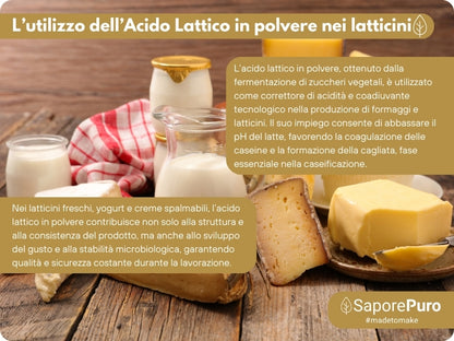 Additivo alimentare Acido Lattico in Polvere SaporePuro, confezione con polvere bianca fine, usato in cucina e conservazione.