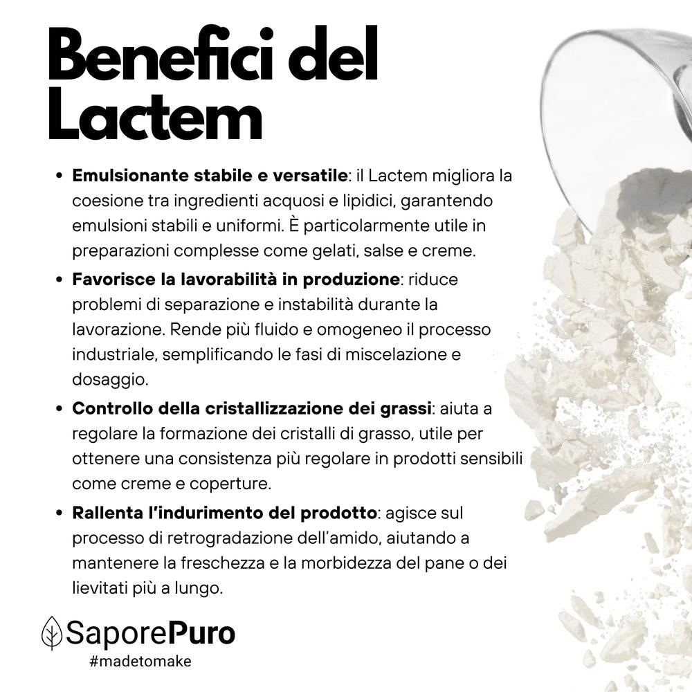 Emulsionante professionale SaporePuro E472b Lactem per gelato e panificazione, in contenitore con etichetta visibile.