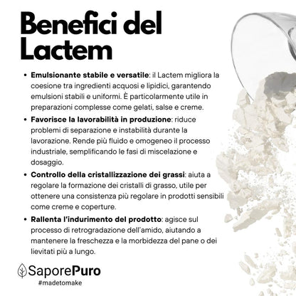 Emulsionante professionale SaporePuro E472b Lactem per gelato e panificazione, in contenitore con etichetta visibile.