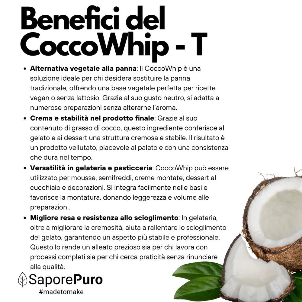 Grasso di cocco montante CoccoWhip SaporePuro, 1kg, vegano, ideale per gelati e pasticceria, visibile in confezione.
