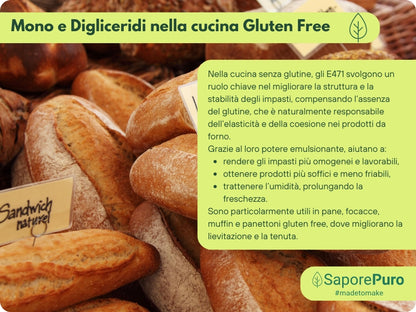 Emulsionante Mono60 E471 di SaporePuro, ingrediente alimentare di alta qualità per gelati, pasticceria e panificazione, in confezione.
