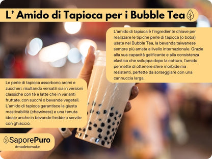 Amido di tapioca nativo SaporePuro in confezione, perfetto per cucina e ricette, mostra la polvere bianca fine e setacciata.
