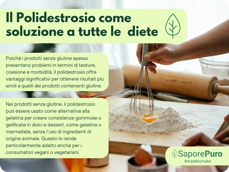 Polidestrosio, sostituto dello zucchero di SaporePuro, migliorando la texture, riducendo calorie e supportando la salute intestinale.